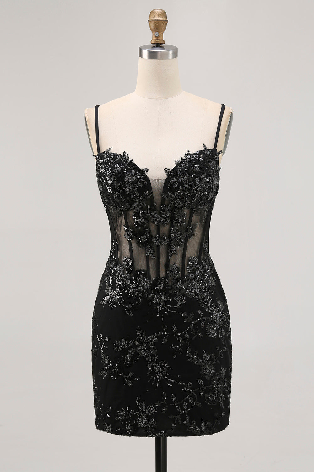 Leely Women Sparkly Black Corset Tight Short Homecoming Dress Sequins Spaghetti Straps Tulle Backless Cocktail Dress with Applique