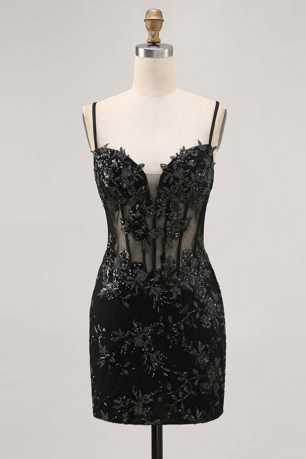 Leely Women Sparkly Black Corset Tight Short Homecoming Dress Sequins Spaghetti Straps Tulle Backless Cocktail Dress with Applique