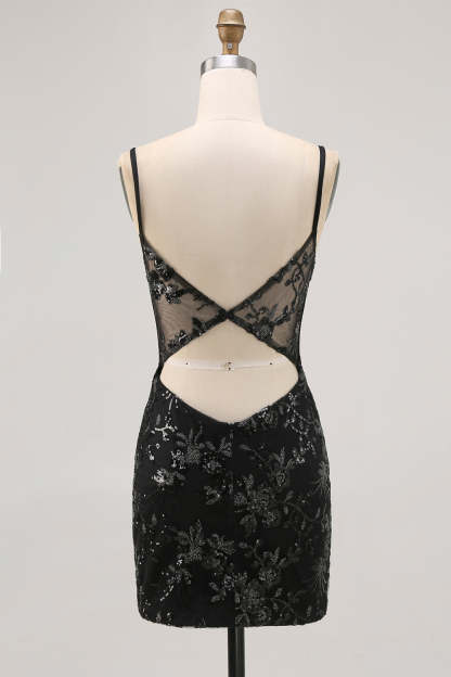 Sparkly Black Corset Tight Sequins Spaghetti Straps Short Homecoming Dress