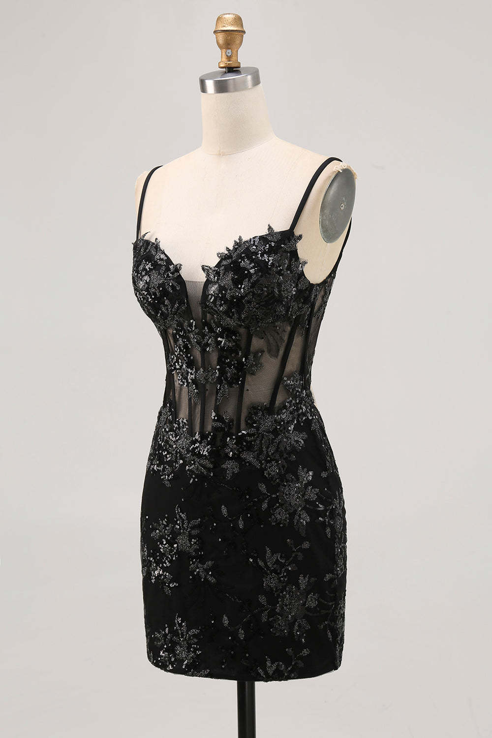 Sparkly Black Corset Tight Sequins Spaghetti Straps Short Homecoming Dress