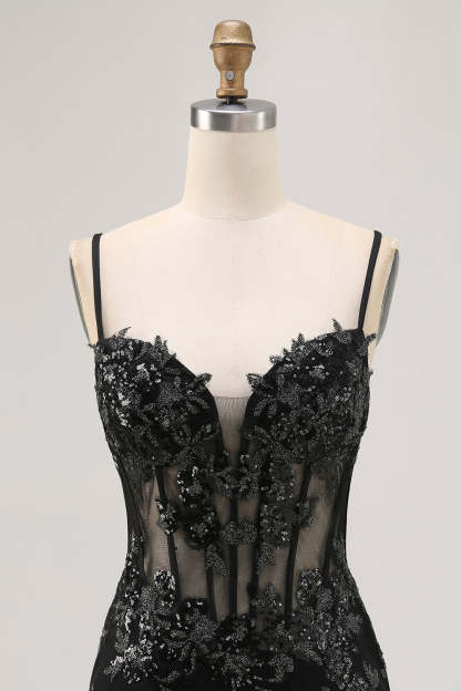 Sparkly Black Corset Tight Sequins Spaghetti Straps Short Homecoming Dress