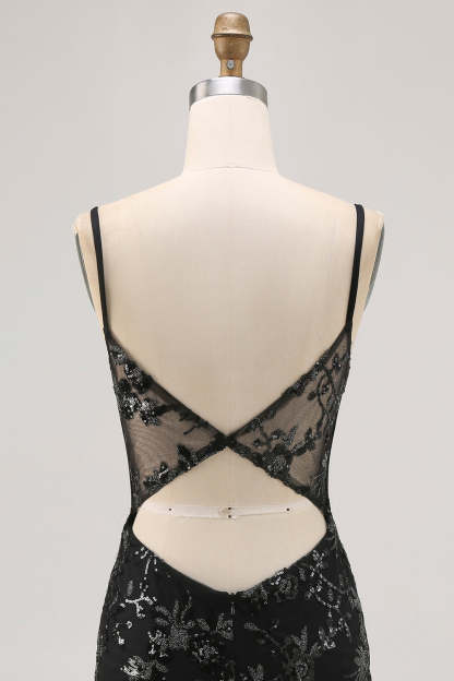 Sparkly Black Corset Tight Sequins Spaghetti Straps Short Homecoming Dress