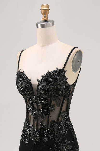 Sparkly Black Corset Tight Sequins Spaghetti Straps Short Homecoming Dress