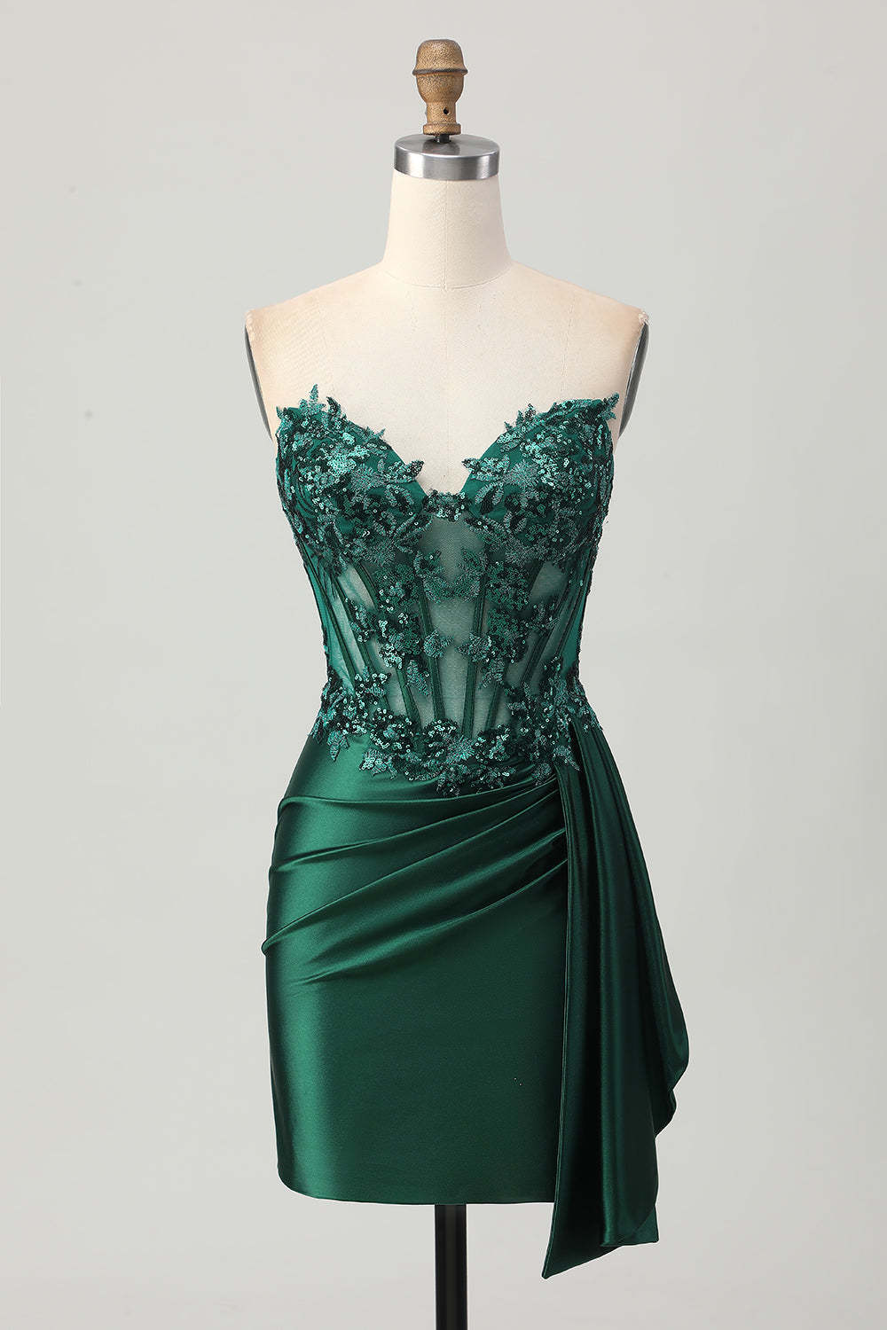 Leely Women Sparkly Dark Green Satin Corset Short Homecoming Dress with Drape Sweetheart Tight Satin Cocktail Dress with Sequins