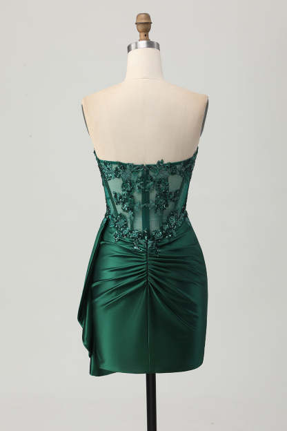 Sparkly Dark Green Satin Corset Short Homecoming Dress with Drape