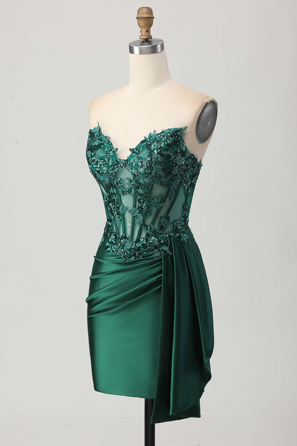 Sparkly Dark Green Satin Corset Short Homecoming Dress with Drape