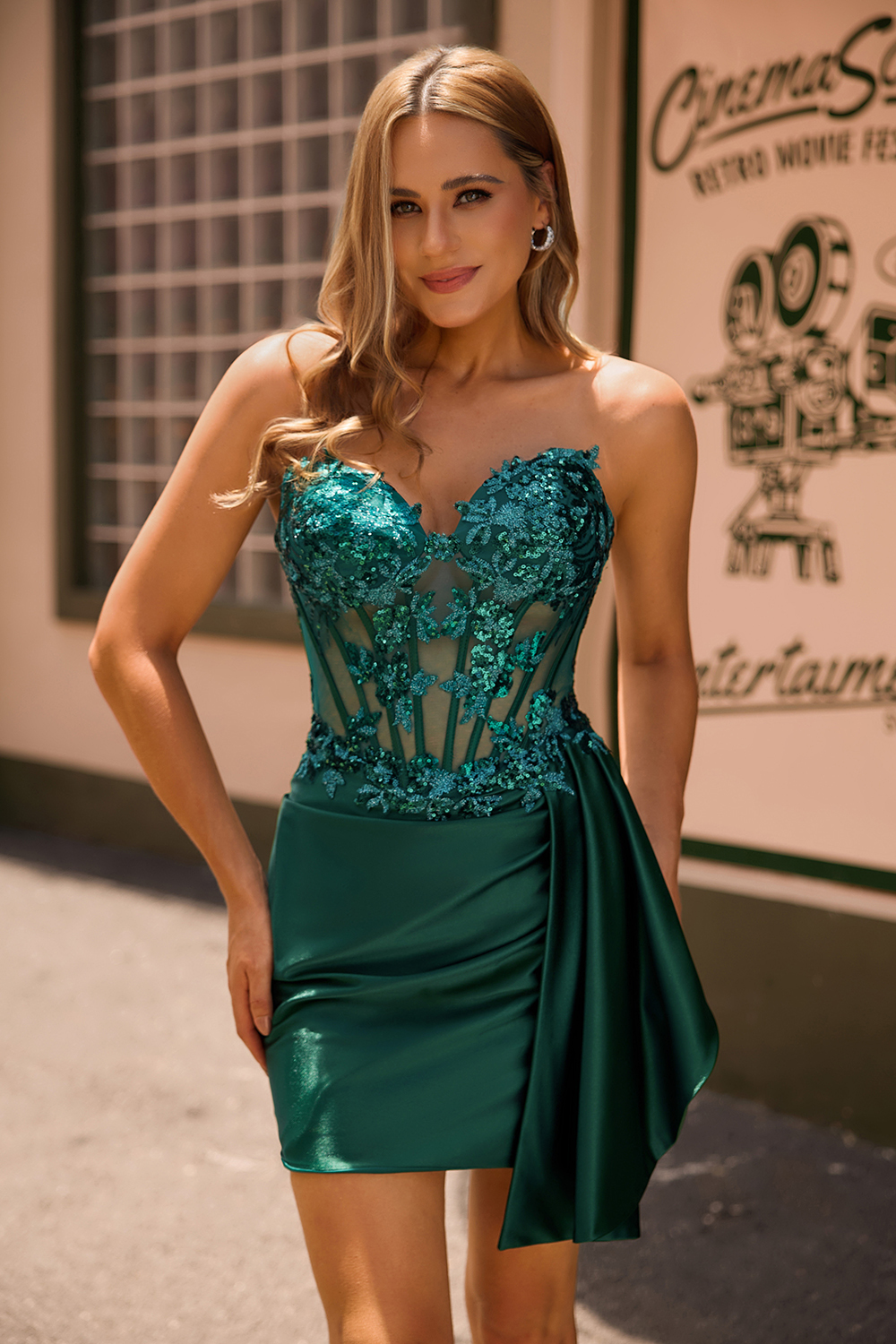 Sparkly Dark Green Satin Corset Short Homecoming Dress with Drape