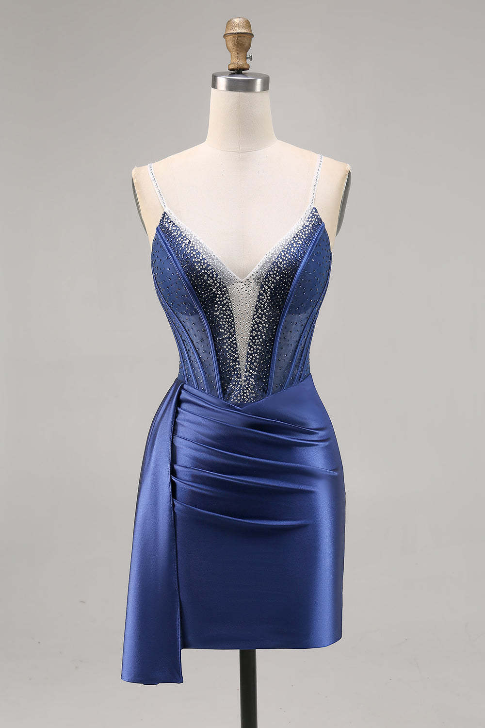 Leely Women Sparkly Navy Satin Corset Short Beaded Homecoming Dress with Drape Spaghetti Straps Tight Cocktail Dress