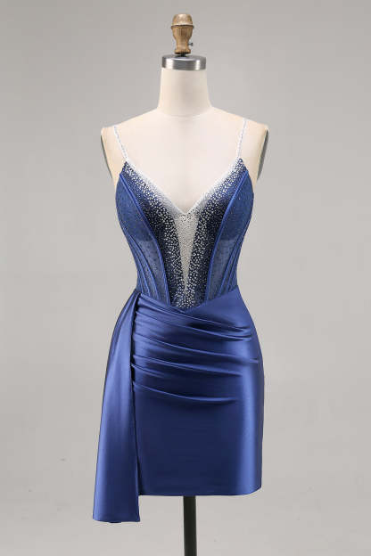 Leely Women Sparkly Navy Satin Corset Short Beaded Homecoming Dress with Drape Spaghetti Straps Tight Cocktail Dress