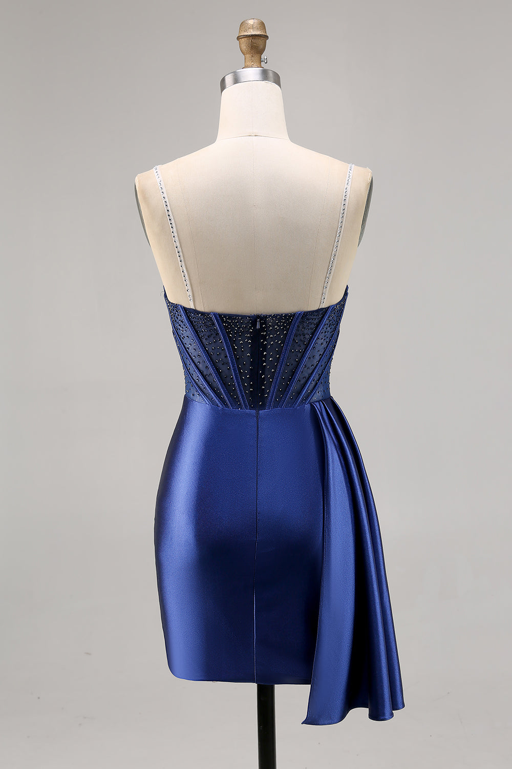 Sparkly Navy Corset Satin Short Beaded Homecoming Dress with Drape