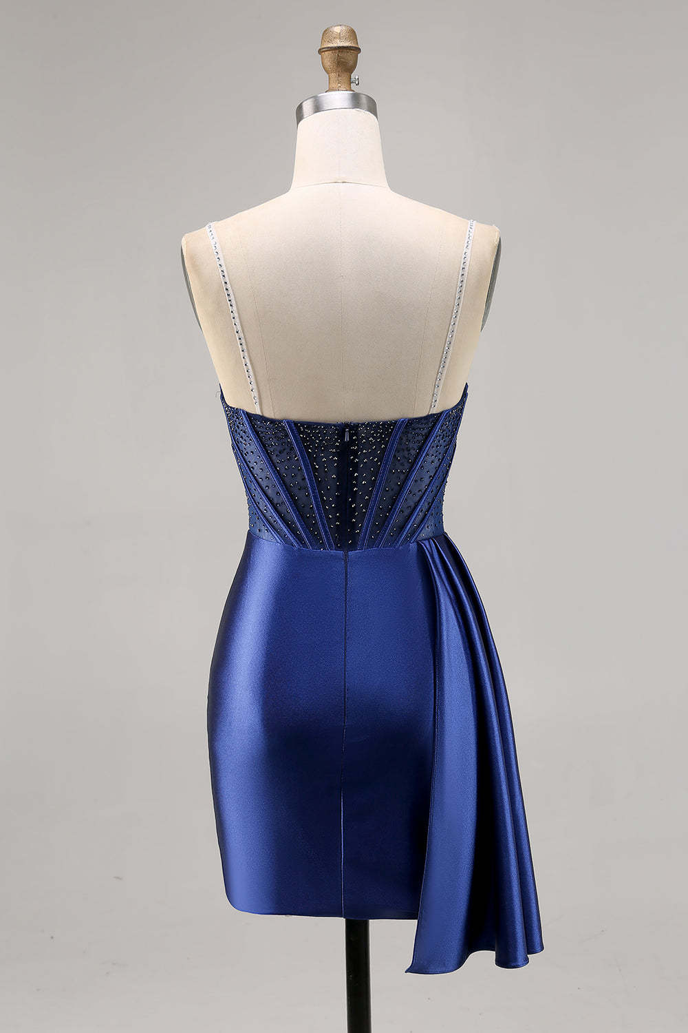 Sparkly Navy Corset Satin Short Beaded Homecoming Dress with Drape