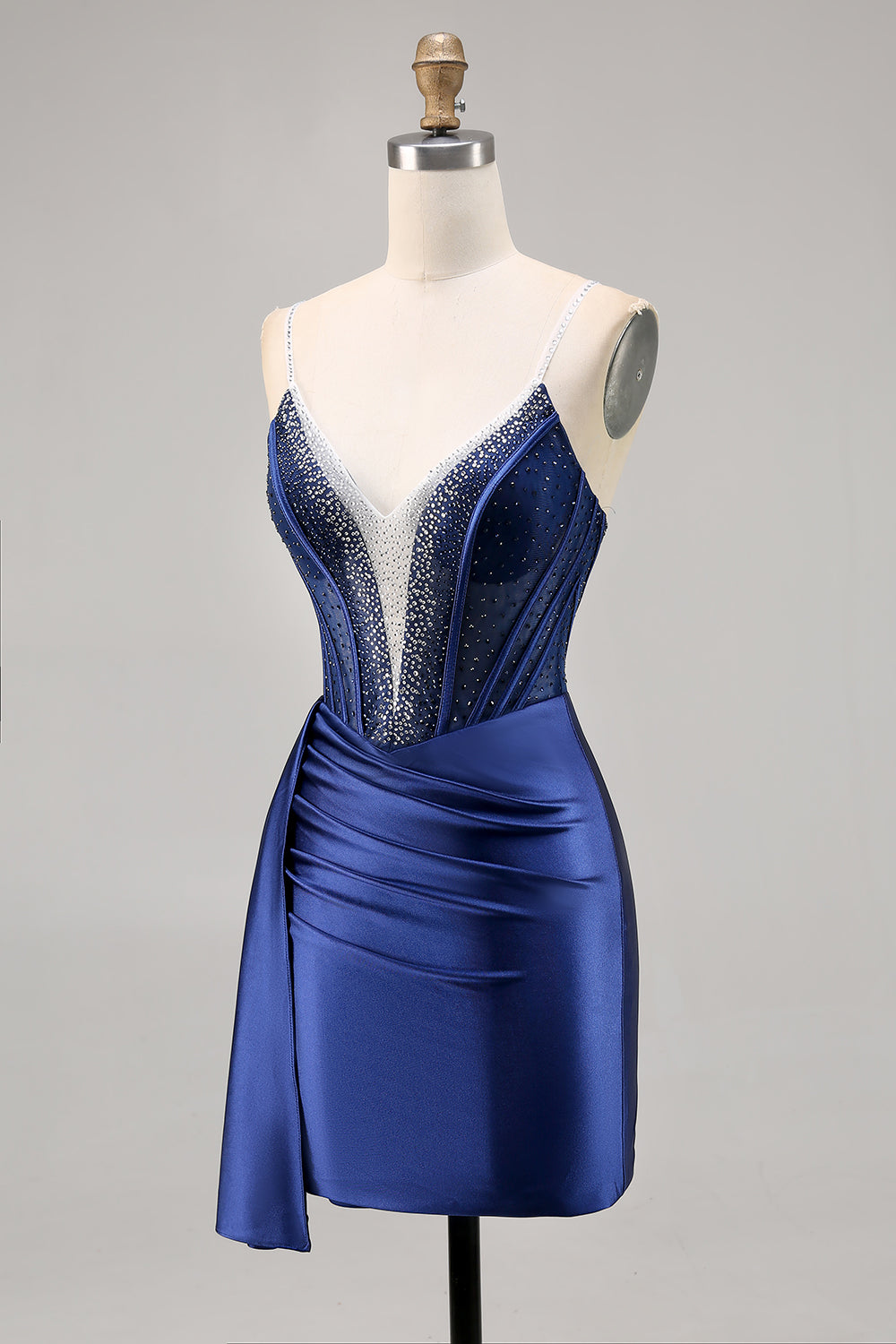 Sparkly Navy Corset Satin Short Beaded Homecoming Dress with Drape