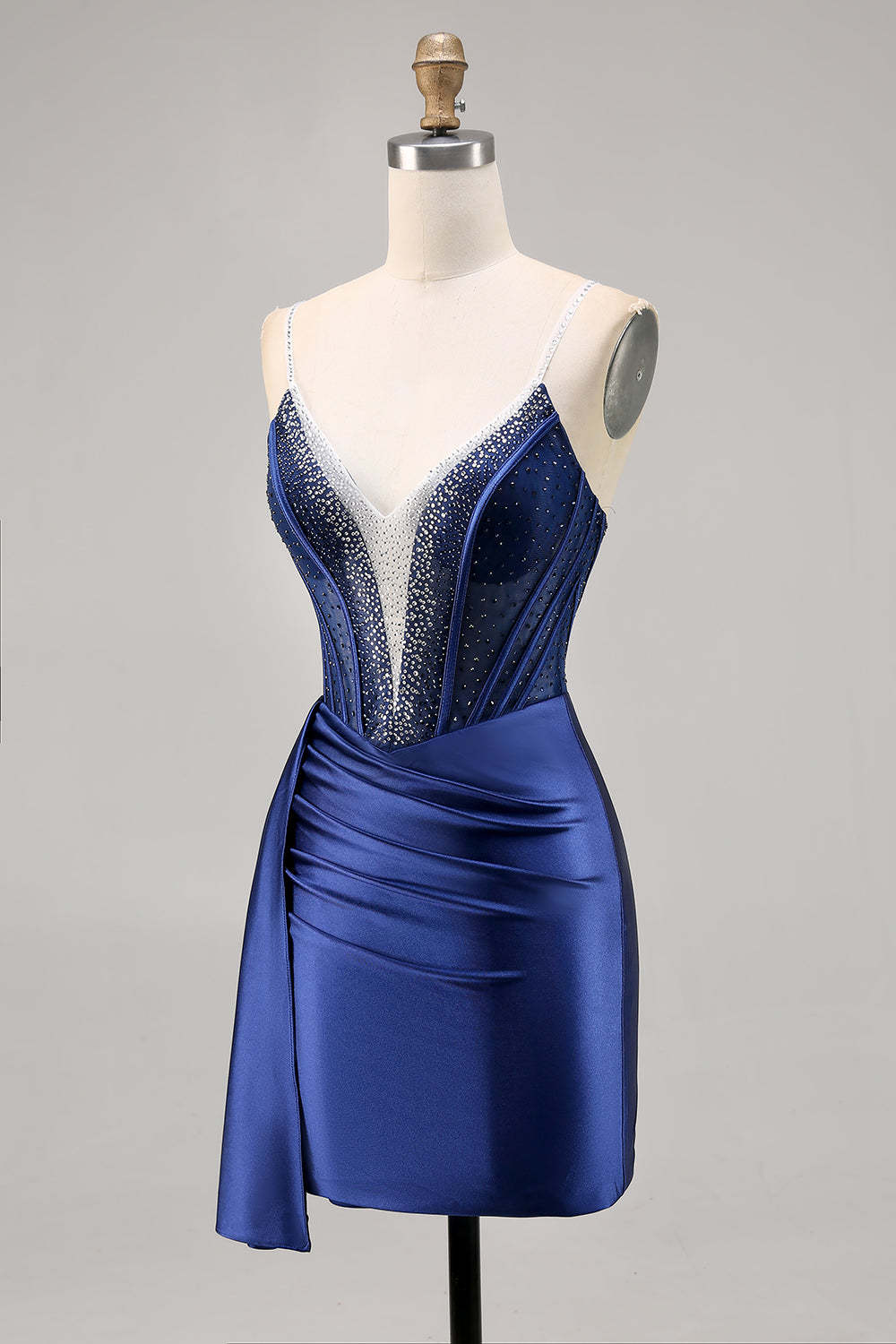 Sparkly Navy Corset Satin Short Beaded Homecoming Dress with Drape