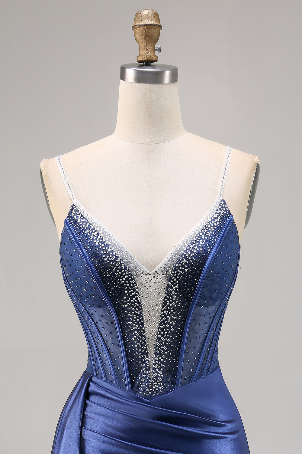 Sparkly Navy Corset Satin Short Beaded Homecoming Dress with Drape