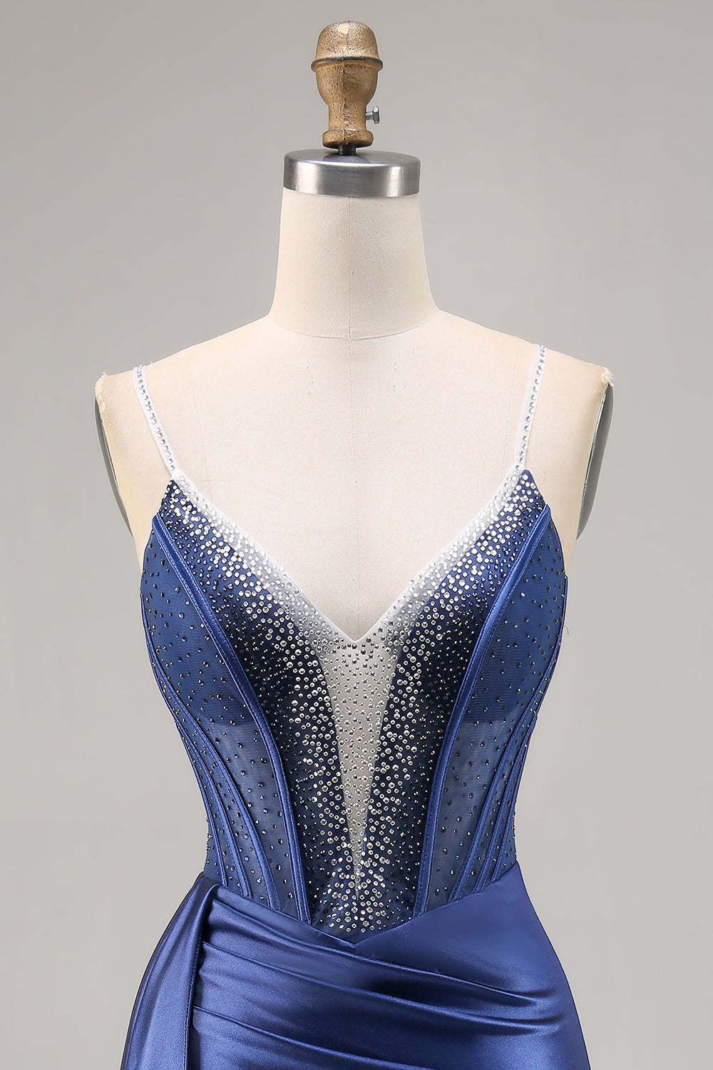Sparkly Navy Corset Satin Short Beaded Homecoming Dress with Drape