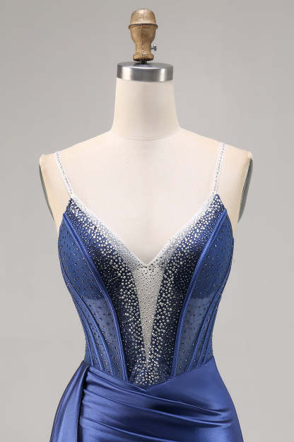 Sparkly Navy Corset Satin Short Beaded Homecoming Dress with Drape