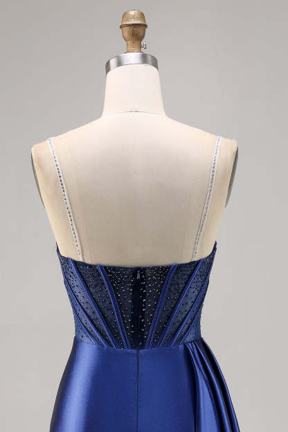 Sparkly Navy Corset Satin Short Beaded Homecoming Dress with Drape