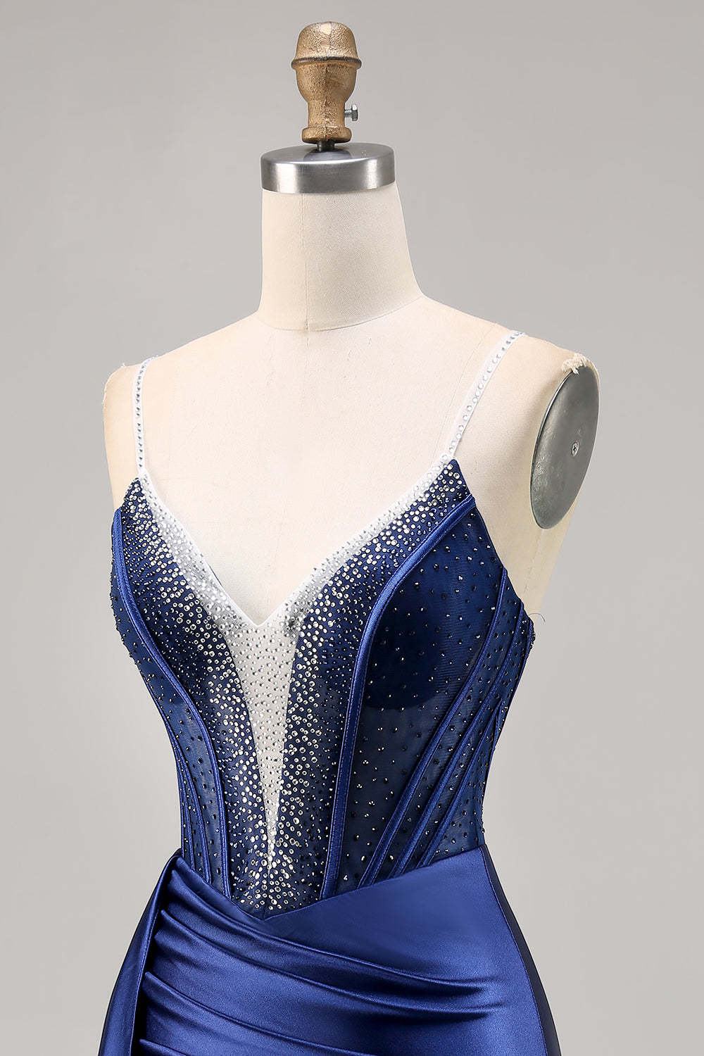 Sparkly Navy Corset Satin Short Beaded Homecoming Dress with Drape
