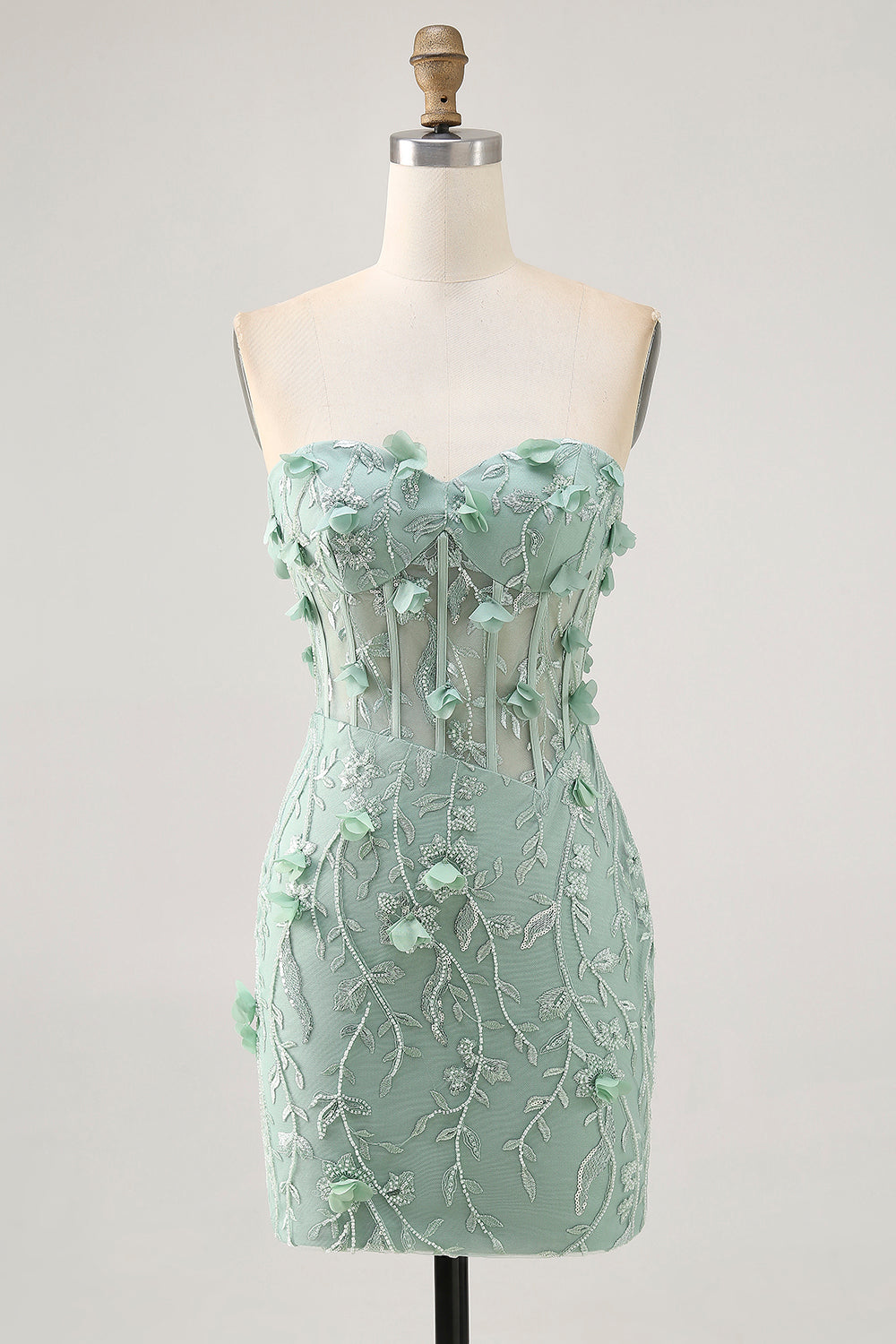 Sparkly Sage Floral Sweetheart Corset Tight Mini Homecoming Dress with Applique