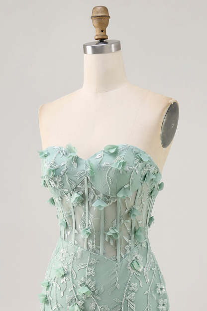 Sparkly Sage Floral Sweetheart Corset Tight Mini Homecoming Dress with Applique