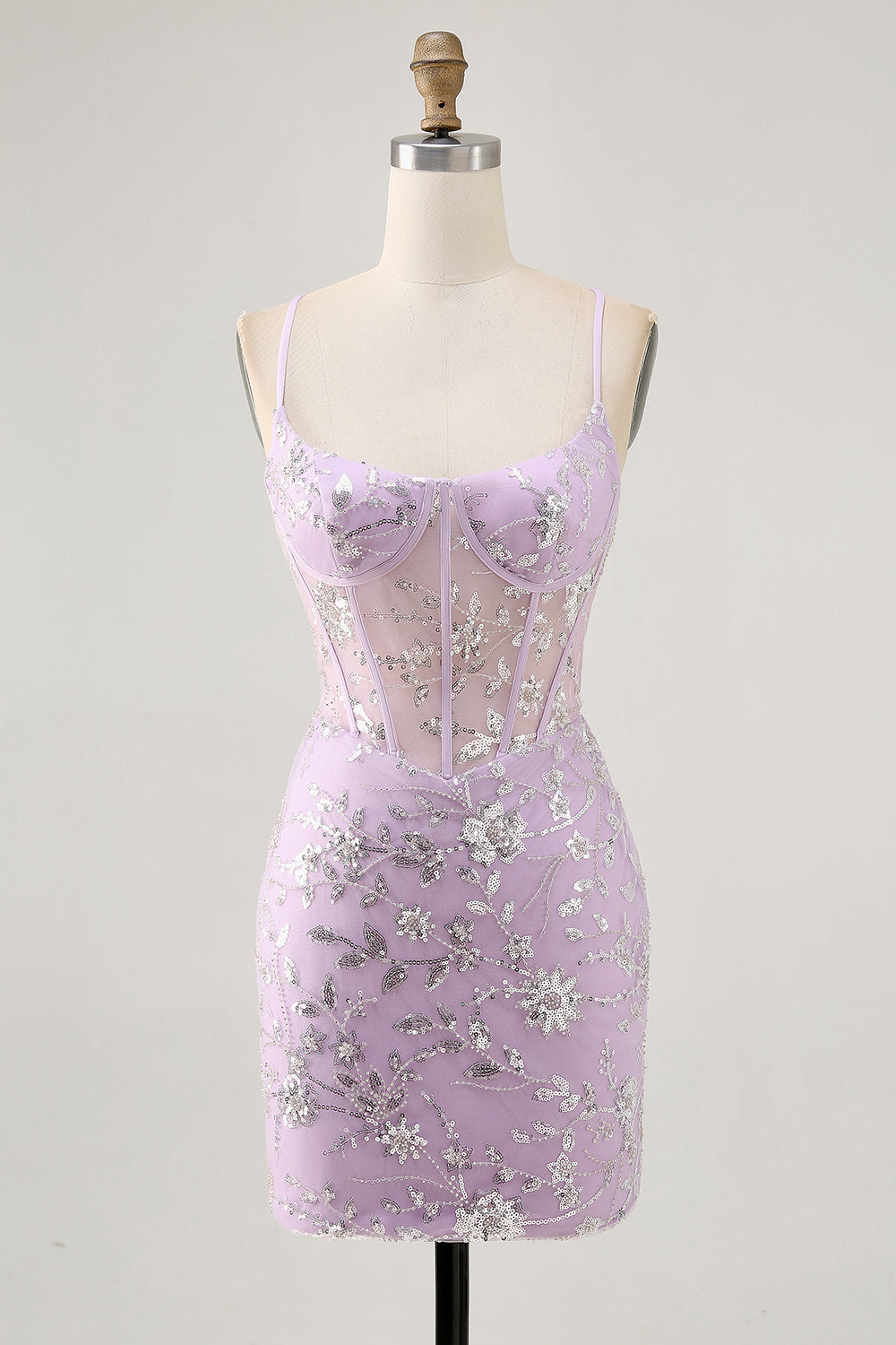 Leely Women Sparkly Lilac Floral Tight Corset Mini Homecoming Dress Beaded Spaghetti Straps Lace Up Back Cocktail Dress with Sequins