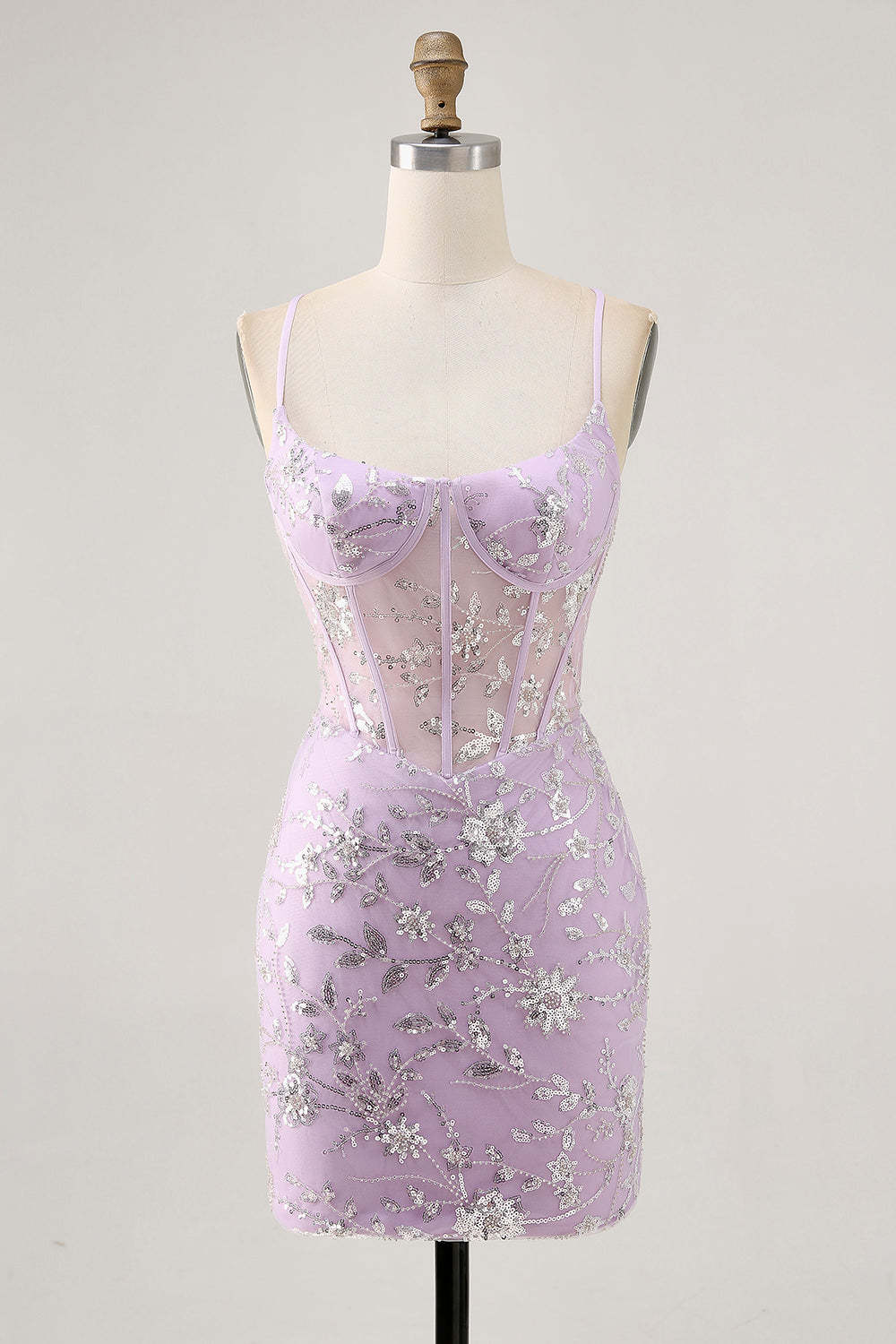 Leely Women Sparkly Lilac Floral Tight Corset Mini Homecoming Dress Beaded Spaghetti Straps Lace Up Back Cocktail Dress with Sequins