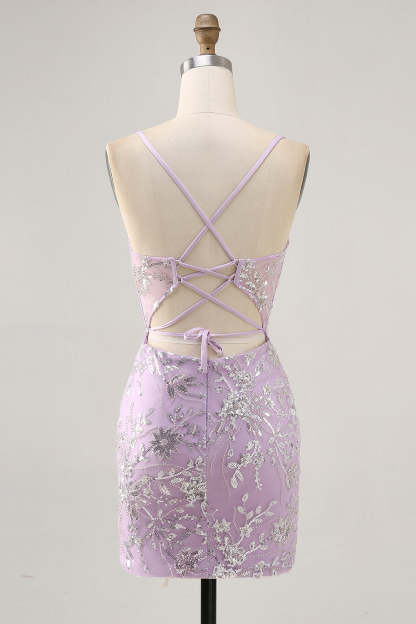 Sparkly Lilac Floral Tight Corset Mini Homecoming Dress with Sequins