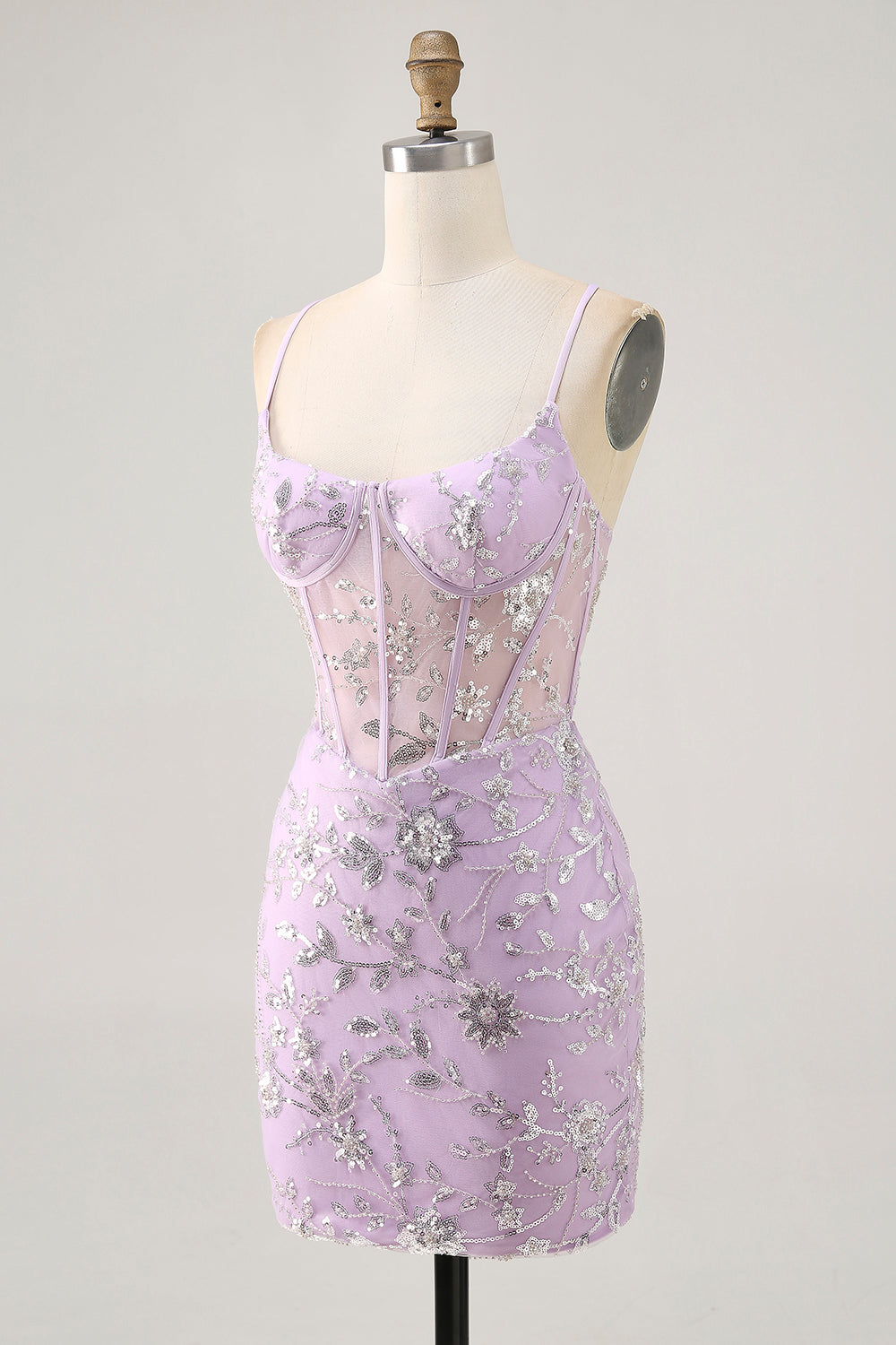Sparkly Lilac Floral Tight Corset Mini Homecoming Dress with Sequins