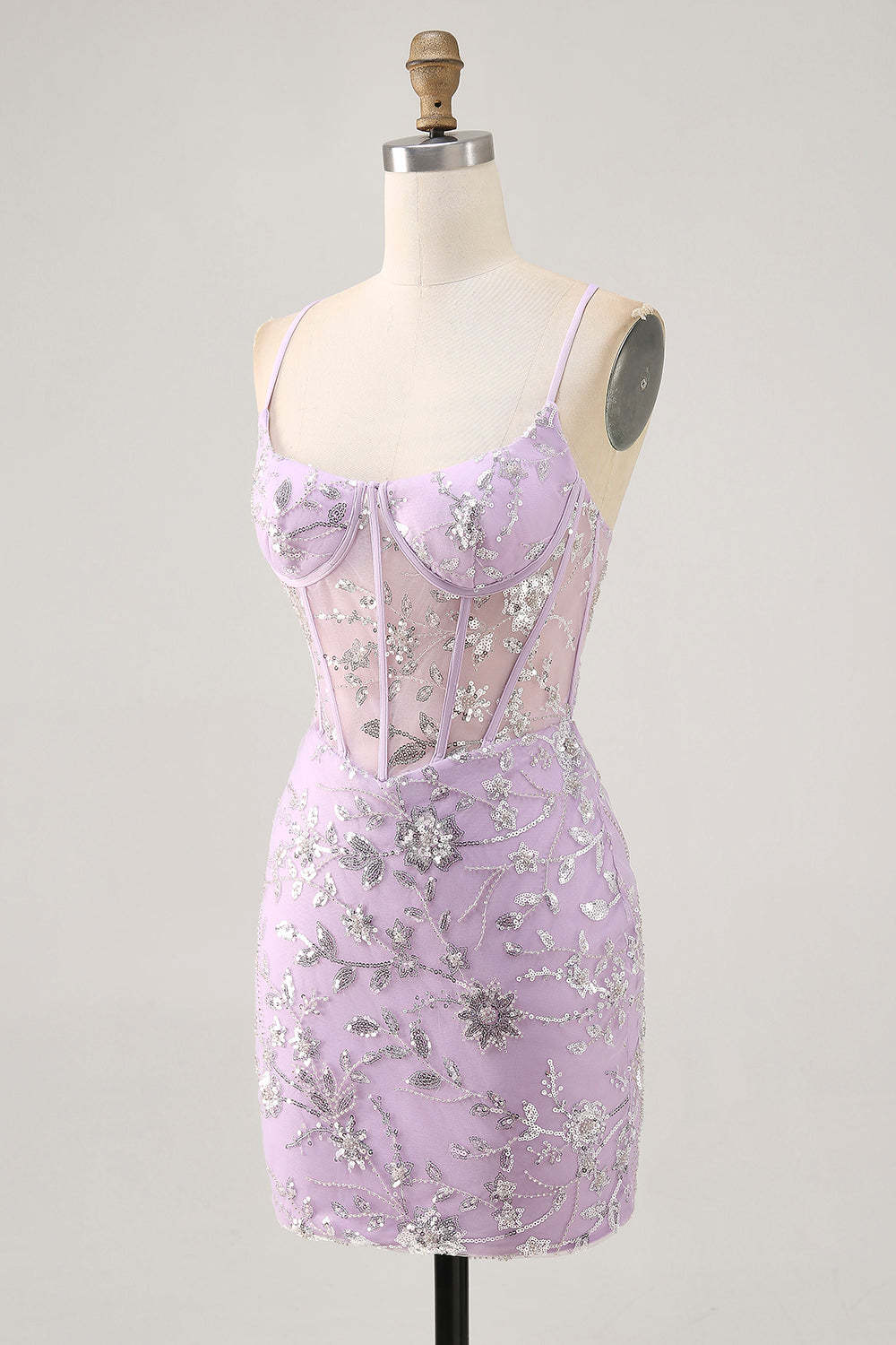 Sparkly Lilac Floral Tight Corset Mini Homecoming Dress with Sequins