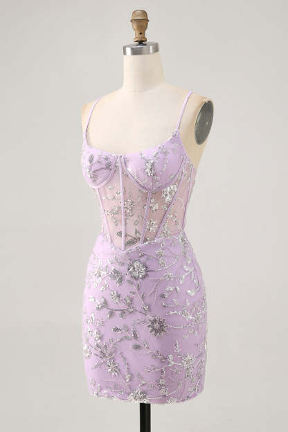 Sparkly Lilac Floral Tight Corset Mini Homecoming Dress with Sequins