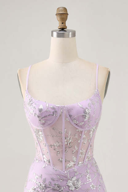Sparkly Lilac Floral Tight Corset Mini Homecoming Dress with Sequins