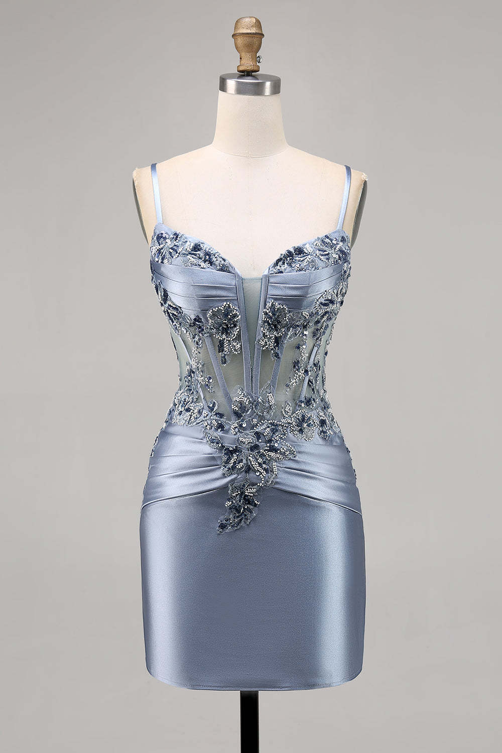 Leely Women Grey Blue Satin Corset Short Homecoming Dress with Appliques Tight Spaghetti Straps Cocktail Dress