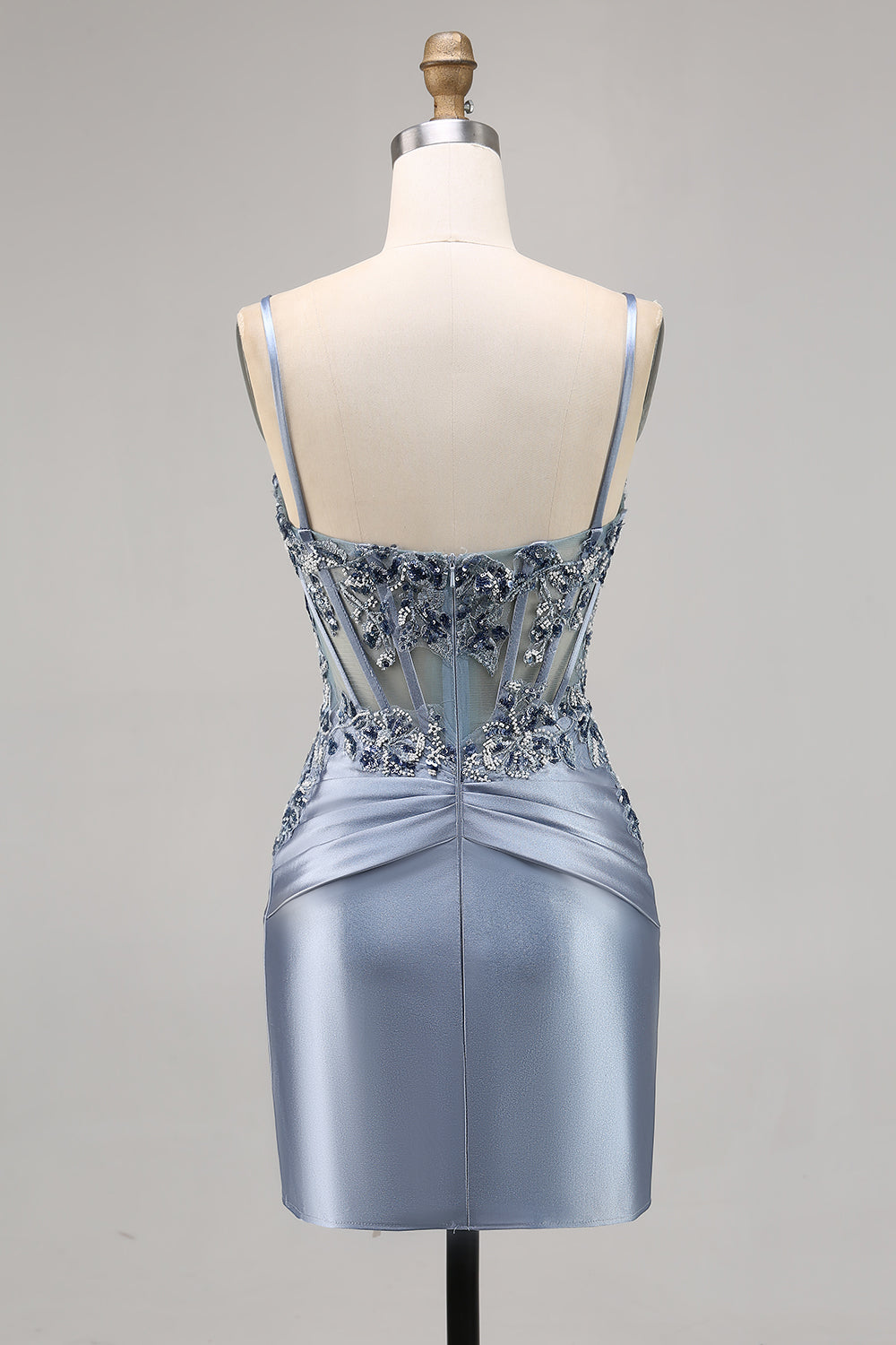 Grey Blue Corset Spaghetti Straps Satin Tight Short Homecoming Dress with Appliques