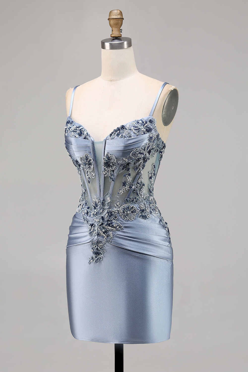 Grey Blue Corset Spaghetti Straps Satin Tight Short Homecoming Dress with Appliques
