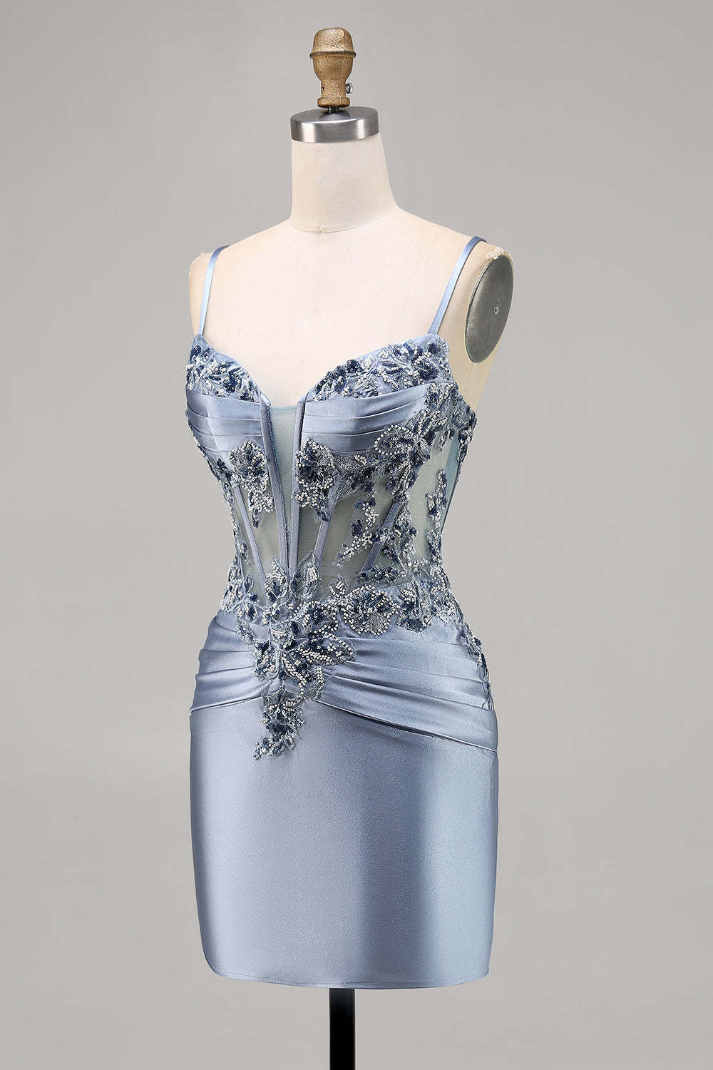Grey Blue Corset Spaghetti Straps Satin Tight Short Homecoming Dress with Appliques