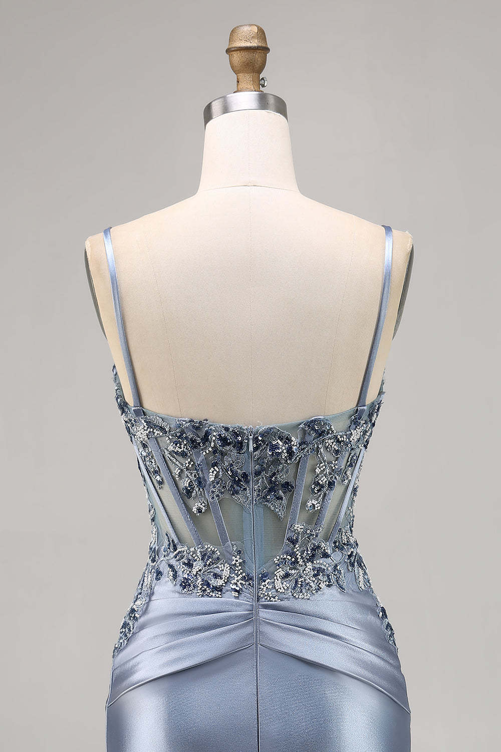 Grey Blue Corset Spaghetti Straps Satin Tight Short Homecoming Dress with Appliques