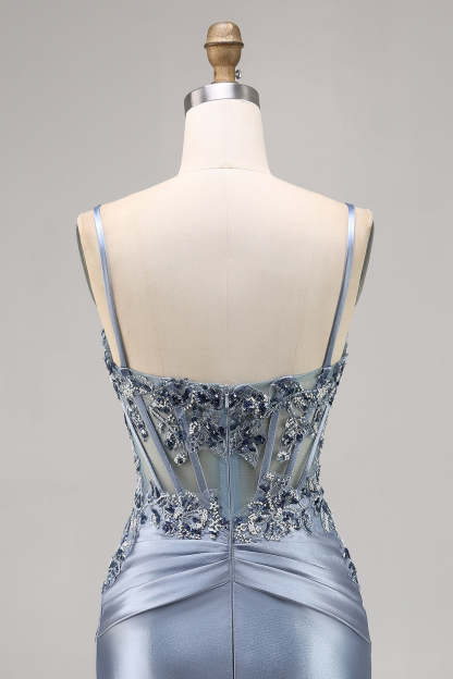 Grey Blue Corset Spaghetti Straps Satin Tight Short Homecoming Dress with Appliques