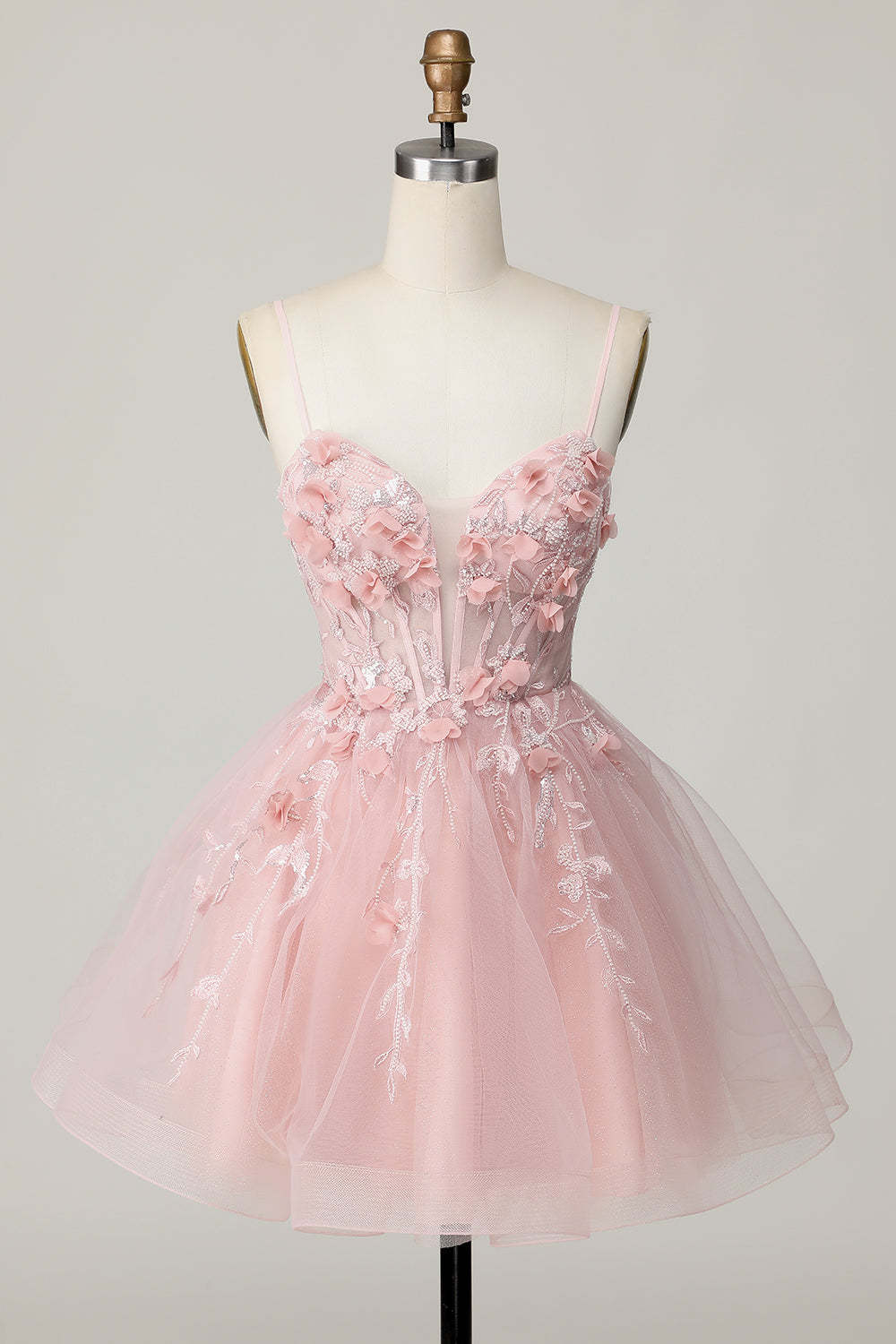 Leely Women Pink Corset Floral Short Homecoming Dress Spaghetti Straps A Line Appliqued Cocktail Dress
