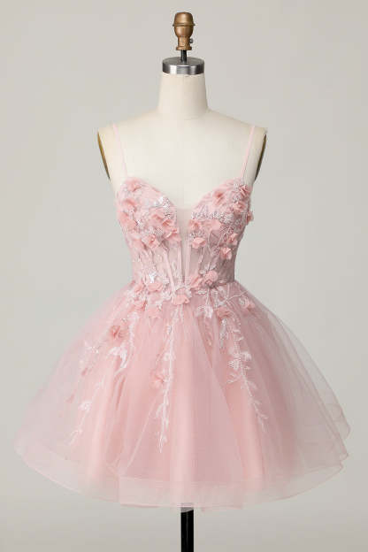 Leely Women Pink Corset Floral Short Homecoming Dress Spaghetti Straps A Line Appliqued Cocktail Dress