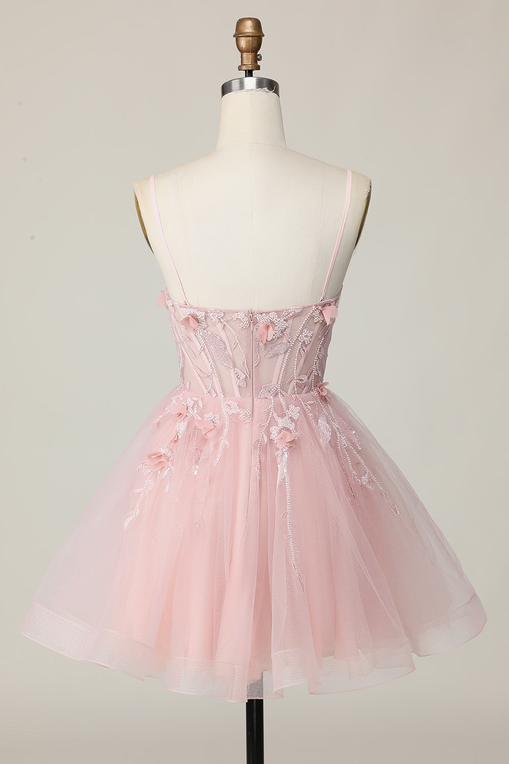 Pink Corset Spaghetti Straps A Line Floral Short Homecoming Dress with Applique
