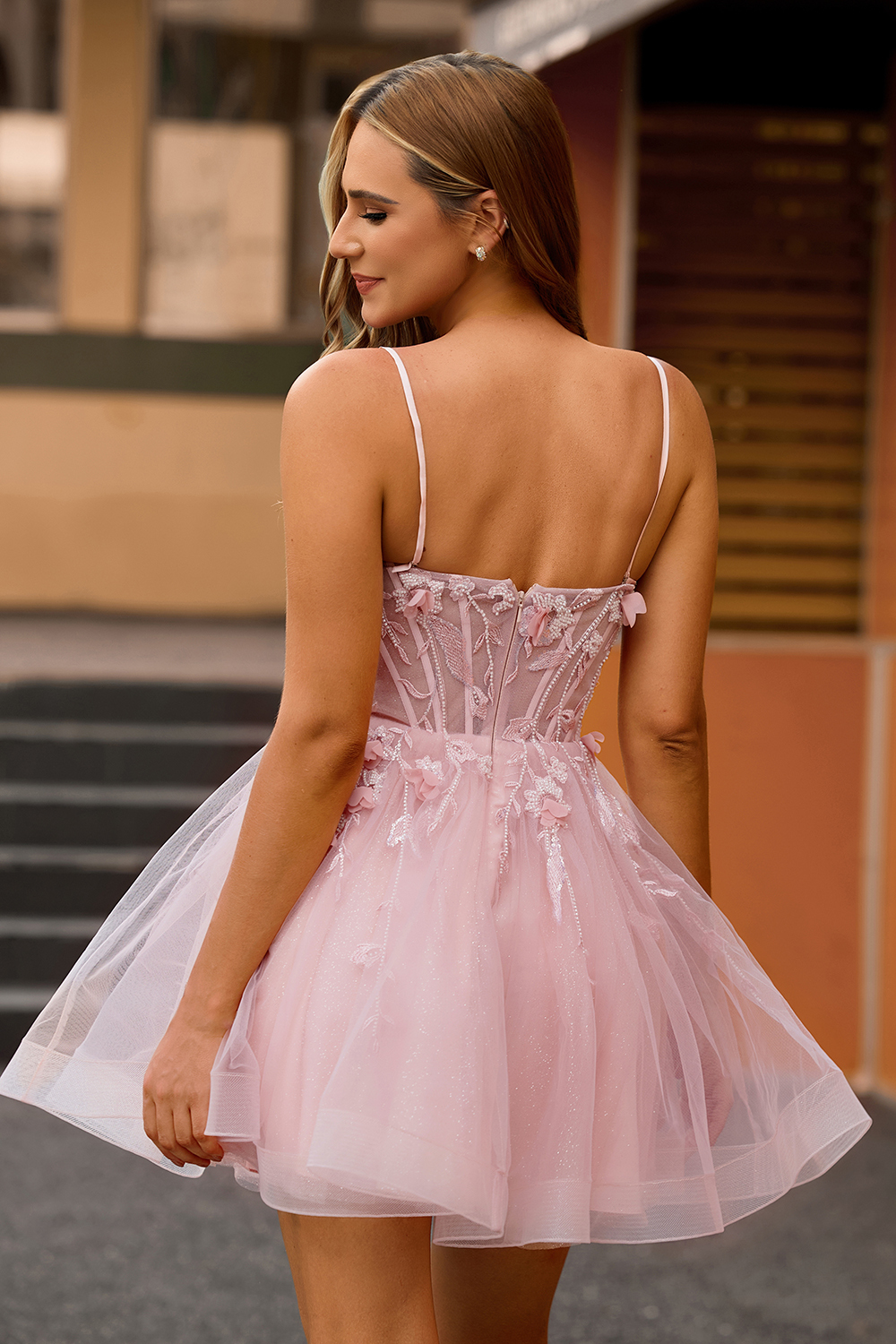 Pink Corset Spaghetti Straps A Line Floral Short Homecoming Dress with Applique