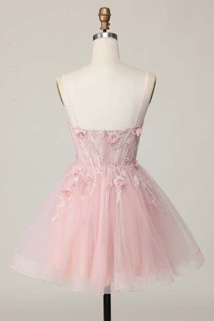 Pink Corset Spaghetti Straps A Line Floral Short Homecoming Dress with Applique