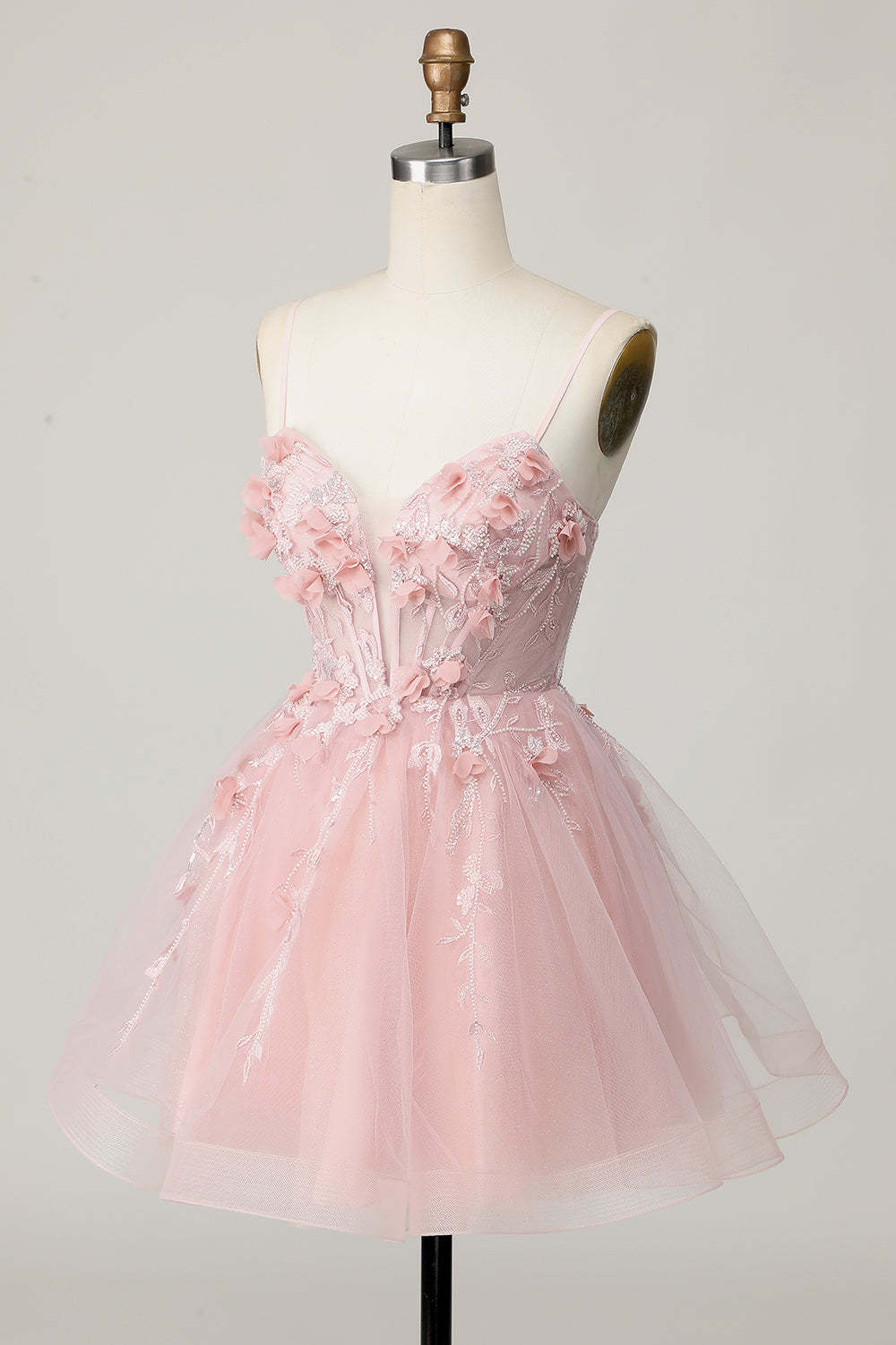 Pink Corset Spaghetti Straps A Line Floral Short Homecoming Dress with Applique