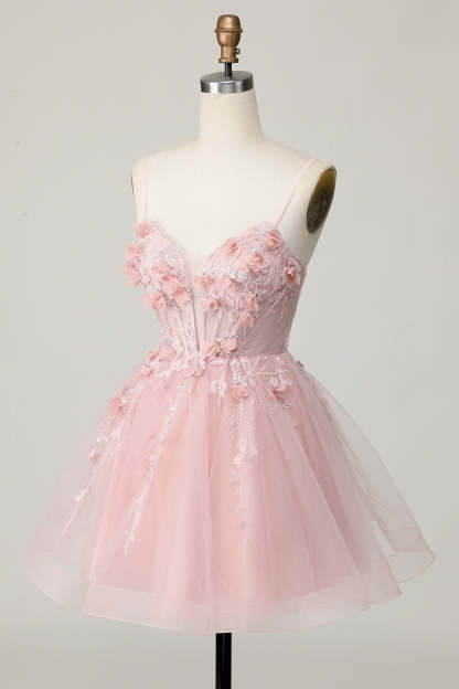 Pink Corset Spaghetti Straps A Line Floral Short Homecoming Dress with Applique