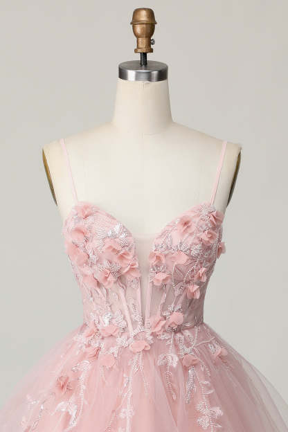 Pink Corset Spaghetti Straps A Line Floral Short Homecoming Dress with Applique