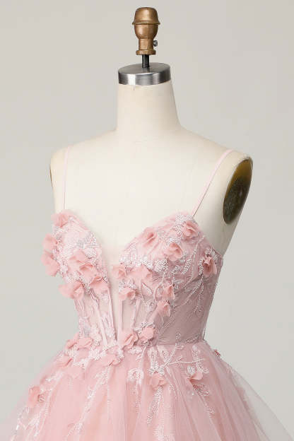 Pink Corset Spaghetti Straps A Line Floral Short Homecoming Dress with Applique