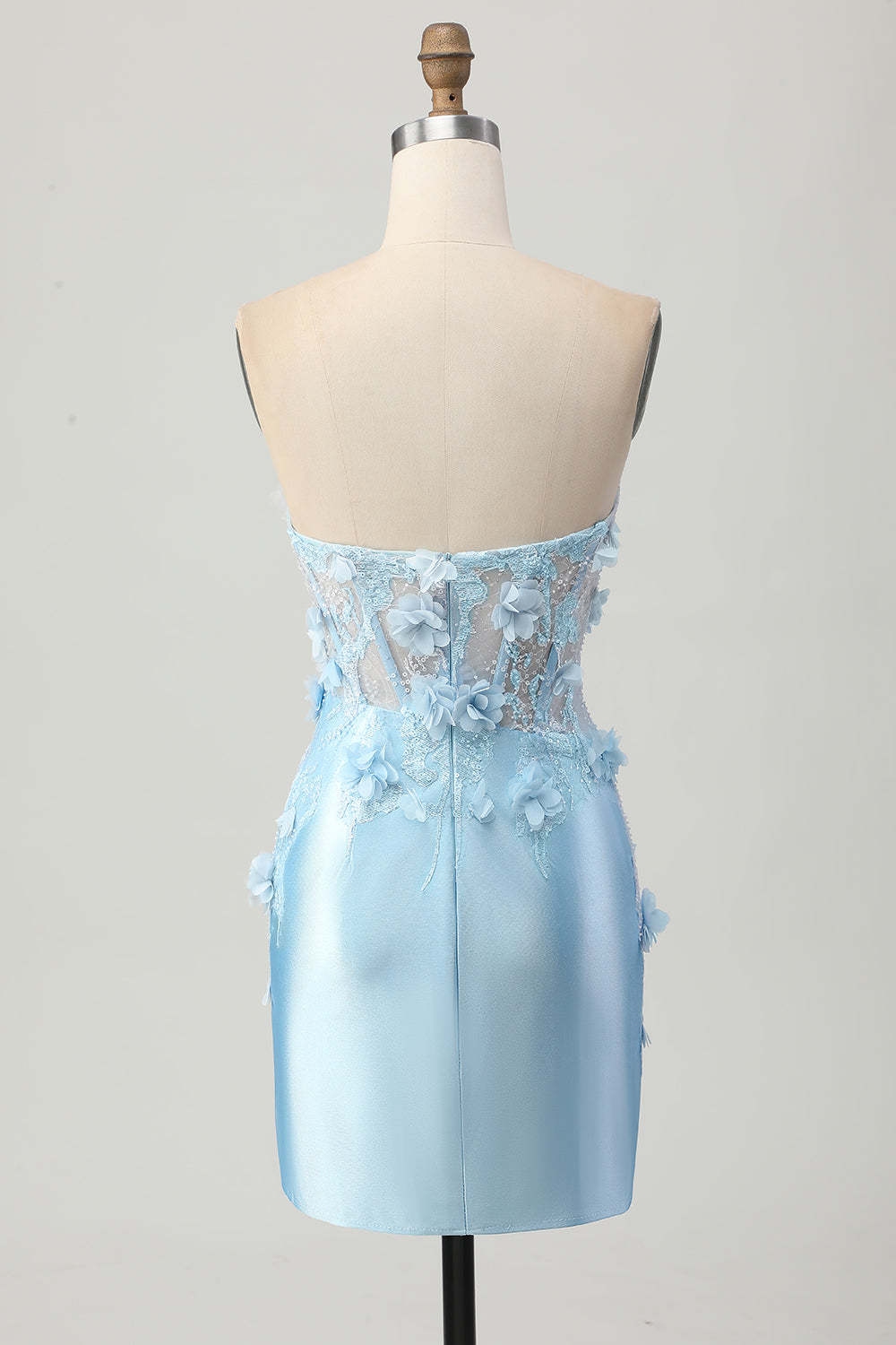 Sky Blue Corset Ruched Floral Tight Short Satin Homecoming Dress