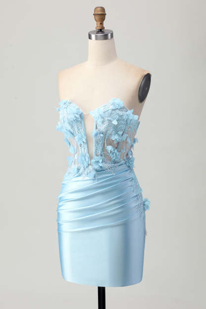 Sky Blue Corset Ruched Floral Tight Short Satin Homecoming Dress