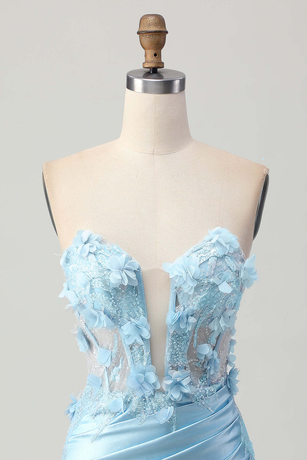 Sky Blue Corset Ruched Floral Tight Short Satin Homecoming Dress