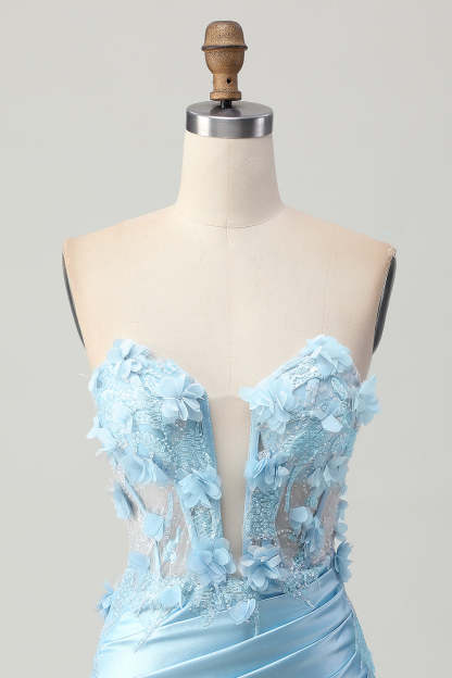 Sky Blue Corset Ruched Floral Tight Short Satin Homecoming Dress